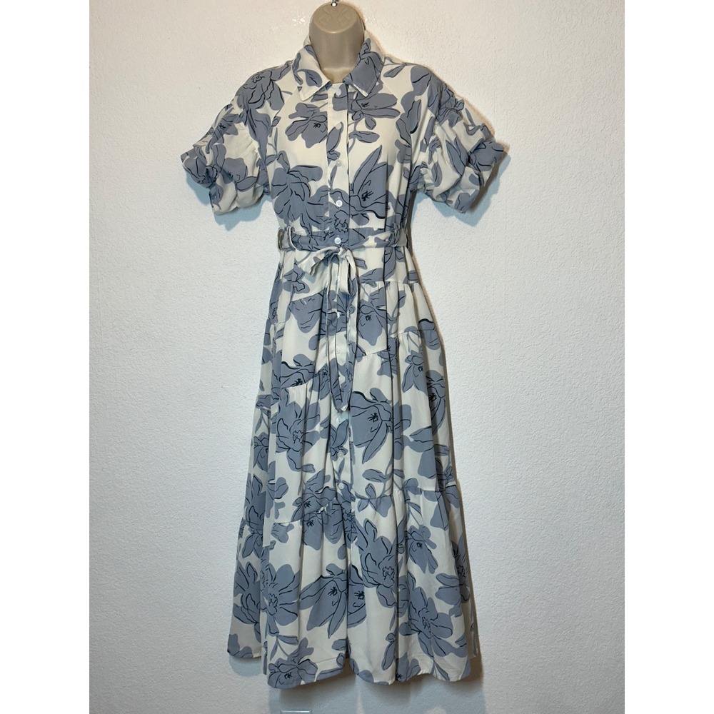 Baltic Born Blue Floral Tiered Button Down Midi Dress Small PSD5067-A-FL Cottage